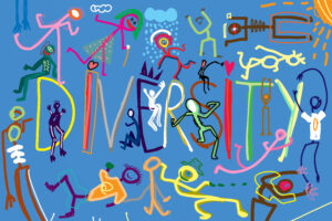 Red, yellow, green and purple figures of stick people surrounding the word Diversity on a blue background.